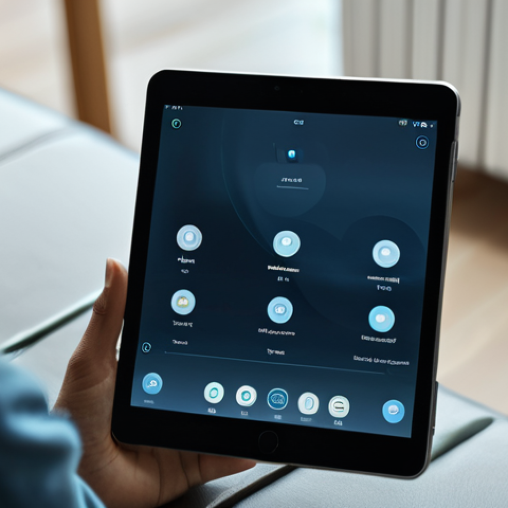 A contemplative adult, fully clothed in modest, comfortable attire, gently holding a tablet displaying an abstract, calming interface, indicating mood tracking. They are seated in a softly lit, modern, minimalist room, with blurred background details emphasizing privacy and introspection. The scene highlights self-reflection and personalized well-being through digital tools. safe for work, appropriate content, fully clothed, modest, perfect anatomy, correct proportions, natural pose, well-formed hands, proper finger count, natural body proportions, professional photography, high quality, serene atmosphere.