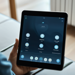 A contemplative adult, fully clothed in modest, comfortable attire, gently holding a tablet displaying an abstract, calming interface, indicating mood tracking. They are seated in a softly lit, modern, minimalist room, with blurred background details emphasizing privacy and introspection. The scene highlights self-reflection and personalized well-being through digital tools. safe for work, appropriate content, fully clothed, modest, perfect anatomy, correct proportions, natural pose, well-formed hands, proper finger count, natural body proportions, professional photography, high quality, serene atmosphere.