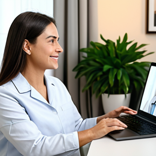 Home 17 Telemedicine Consultation**
"A woman in a modest blouse and slacks is engaged in a video call with a friendly therapist on a laptop. The background shows a comfortable living room with plants and soft lighting. The scene evokes a sense of calm and accessibility. Fully clothed, professional setting, safe for work, perfect anatomy, natural proportions, appropriate attire, modest, family-friendly, high quality."
**