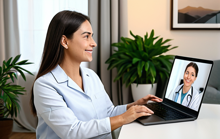 Telemedicine Consultation**
"A woman in a modest blouse and slacks is engaged in a video call with a friendly therapist on a laptop. The background shows a comfortable living room with plants and soft lighting. The scene evokes a sense of calm and accessibility. Fully clothed, professional setting, safe for work, perfect anatomy, natural proportions, appropriate attire, modest, family-friendly, high quality."
**