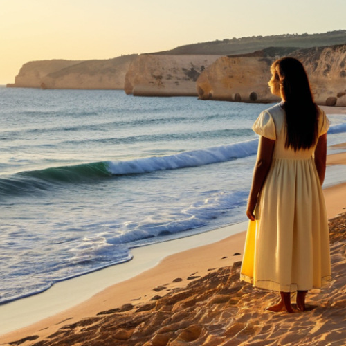 Home 10 Serene Beach Scene**
"A tranquil beach at sunset in Algarve, Portugal. Gentle waves lap the shore, with cliffs in the background. A fully clothed woman in a flowing sundress stands peacefully, watching the sunset. Warm, golden light. Safe for work, appropriate content, fully clothed, professional photography, perfect anatomy, natural proportions, family-friendly."
**