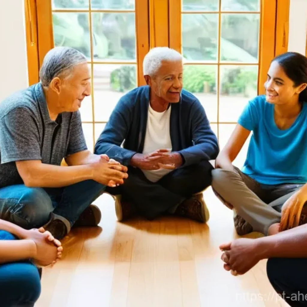 정신건강 회복을 위한 커뮤니티 프로그램 - **Prompt:** A diverse group of adults of various ages and ethnicities (e.g., Portuguese and Brazilia...