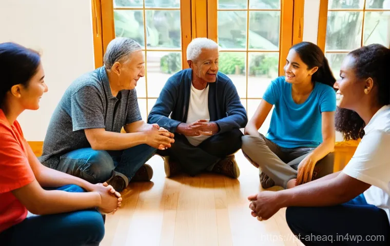 정신건강 회복을 위한 커뮤니티 프로그램 - **Prompt:** A diverse group of adults of various ages and ethnicities (e.g., Portuguese and Brazilia...