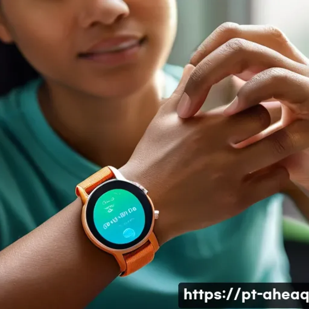 정신건강 케어에서 IoT 기술의 활용 - A modern, sleek wearable device on a young adult&rsquo;s wrist, displaying real-time biometric data like h...