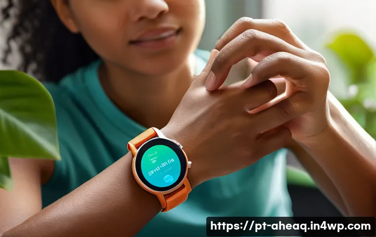 정신건강 케어에서 IoT 기술의 활용 - A modern, sleek wearable device on a young adult&rsquo;s wrist, displaying real-time biometric data like h...