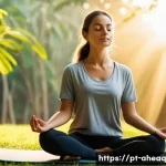 Home 21 정신건강 치료의 기본 원칙과 실천 - A serene outdoor scene featuring a young adult woman practicing mindfulness meditation at sunrise in...