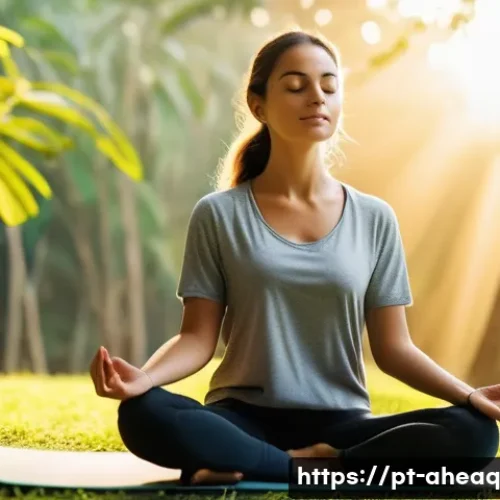 Home 33 정신건강 치료의 기본 원칙과 실천 - A serene outdoor scene featuring a young adult woman practicing mindfulness meditation at sunrise in...