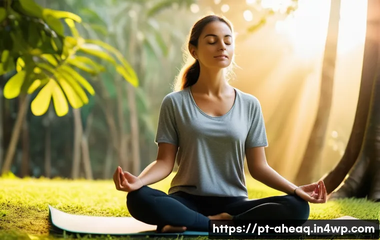 정신건강 치료의 기본 원칙과 실천 - A serene outdoor scene featuring a young adult woman practicing mindfulness meditation at sunrise in...