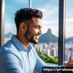 Home 20 정신건강 케어의 인공지능 적용 사례 - A modern digital workspace showcasing a young Brazilian professional using a smartphone and wearing ...