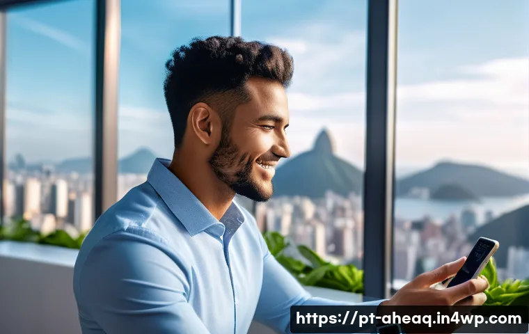 정신건강 케어의 인공지능 적용 사례 - A modern digital workspace showcasing a young Brazilian professional using a smartphone and wearing ...
