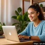 Home 23 정신건강 치료의 플랫폼 비즈니스 모델 - A cozy home office scene showing a young Brazilian woman in casual clothing sitting comfortably at h...