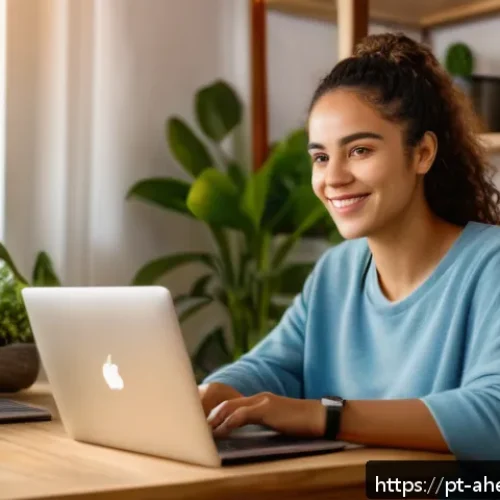 Home 17 정신건강 치료의 플랫폼 비즈니스 모델 - A cozy home office scene showing a young Brazilian woman in casual clothing sitting comfortably at h...